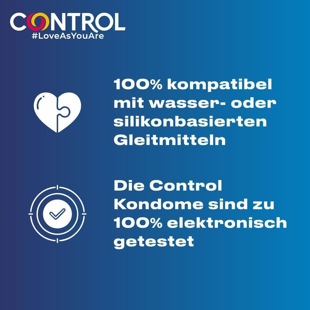 Informationsgrafik Control Kondome mit Herz- und Prüfsiegelicon, Hinweise zu Gleitmittelkompatibilität und elektronischer Testung