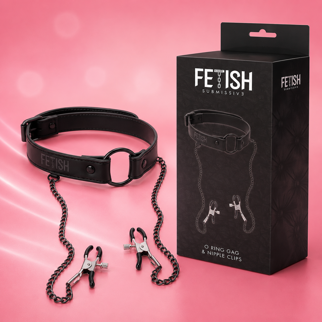 Knebelring aus Silikon mit Metallringen und zwei Nippelklemmen an Ketten, schwarze Verpackung, Edelstahl und Silikon