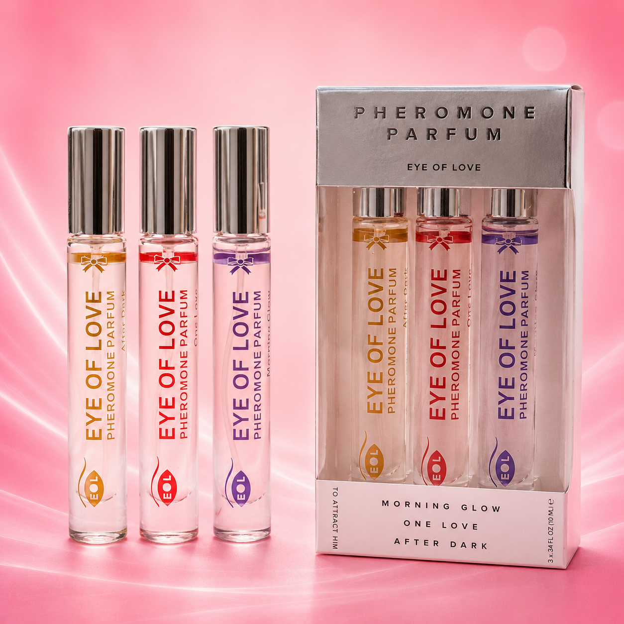 Pheromon-Parfum Set mit drei 10-ml-Flaschen in Farbvarianten gold, rot und violett mit Sprühzerstäuber und Kartonverpackung
