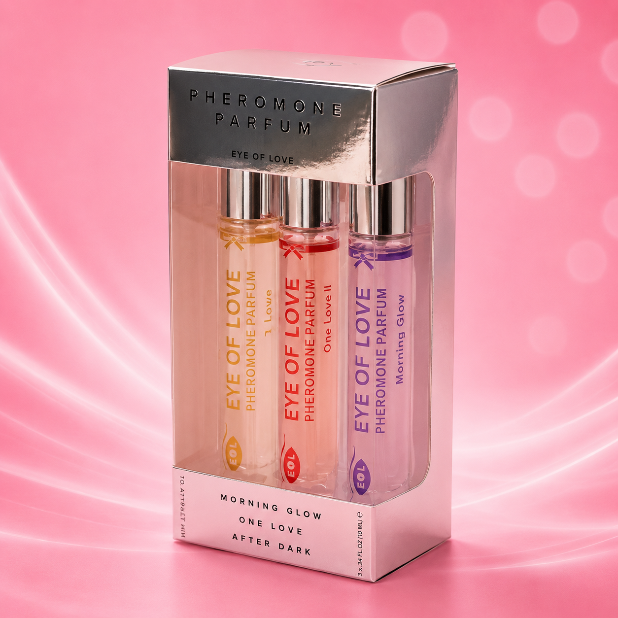Pheromonparfum Set mit drei 10ml Flakons in bernsteinfarben, rosa und violett mit Metallverschlüssen in Karton