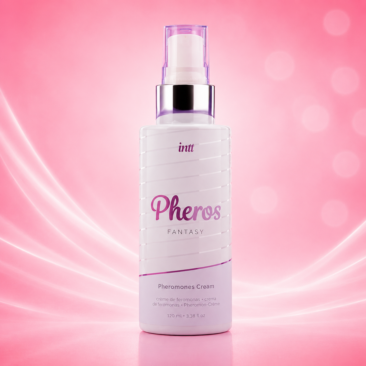 Sprühflasche mit Pheromones Cream, weiß mit violettem Etikett und schwarzem Sprühkopf, 120 ml