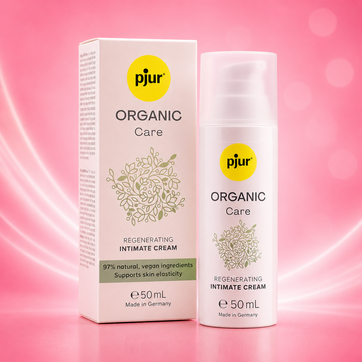 Pjur Organic Care Regenerierende Intimcreme, 50 ml Flasche mit Pumpzerstäuber und Verpackung aus Kunststoff, weiß und beige mit gelbem Logo