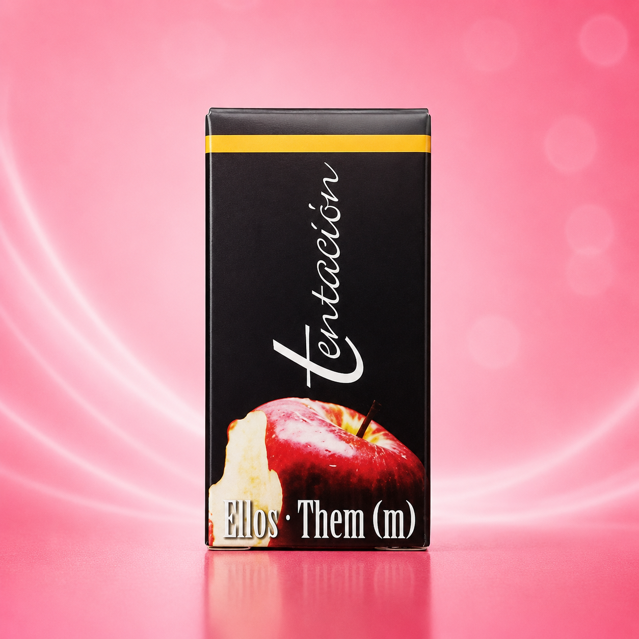 Pheromone Elixier Flasche, schwarze Schachtel mit gelbem Band und Apfelmotiv, 7 ml Inhalt