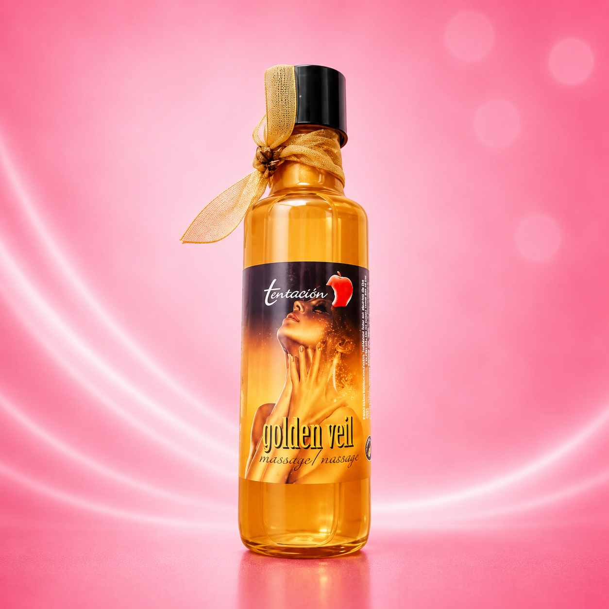 Massageöl Tentacion Golden Veil, 100 ml, goldgelbe Flüssigkeit in Glasflasche mit schwarzem Verschluss und goldenem Schleifenband