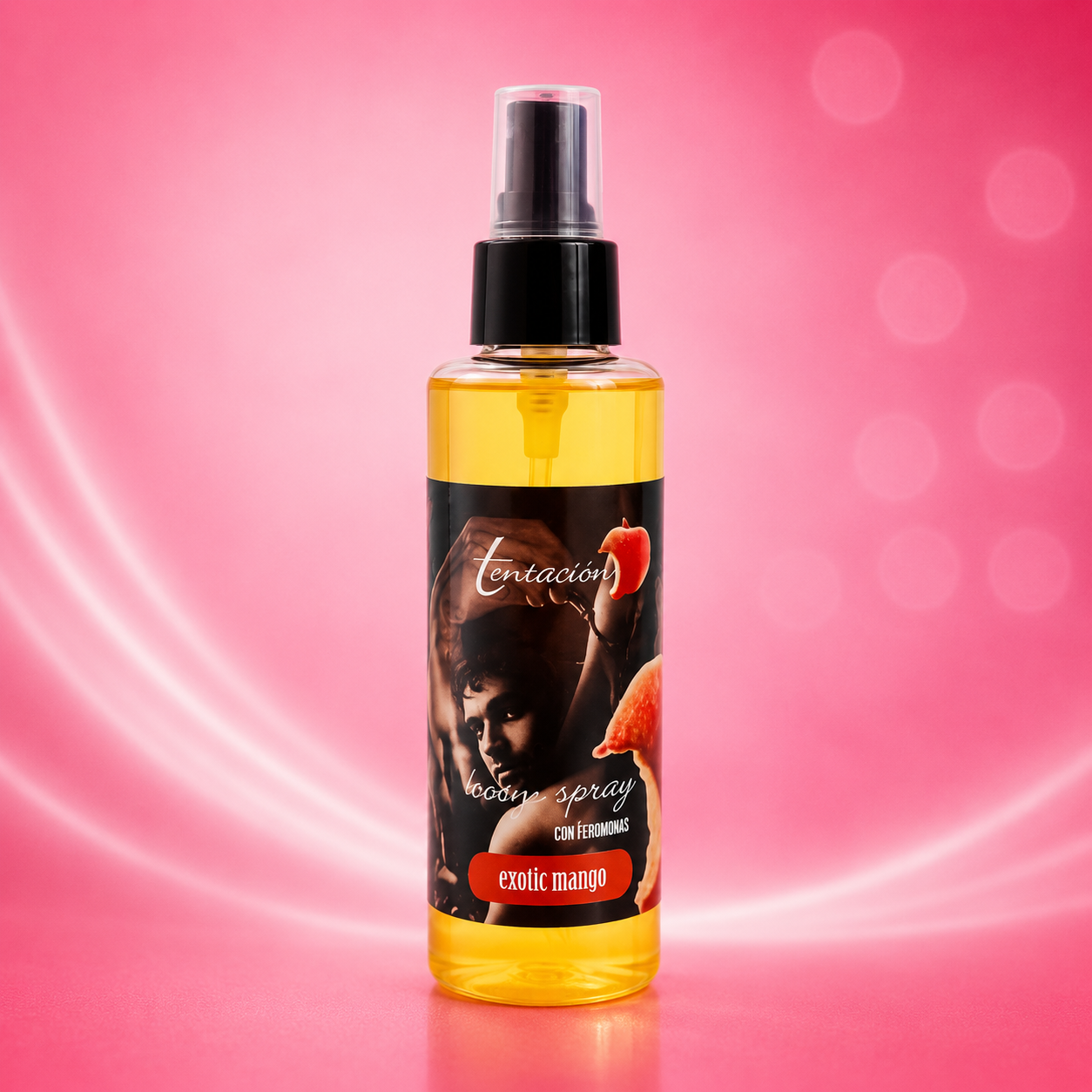 Raumspray Tentacion mit Pheromonen, gelbe Flüssigkeit in Sprühflasche, schwarzes Etikett mit Geschmacksrichtung Exotic Mango