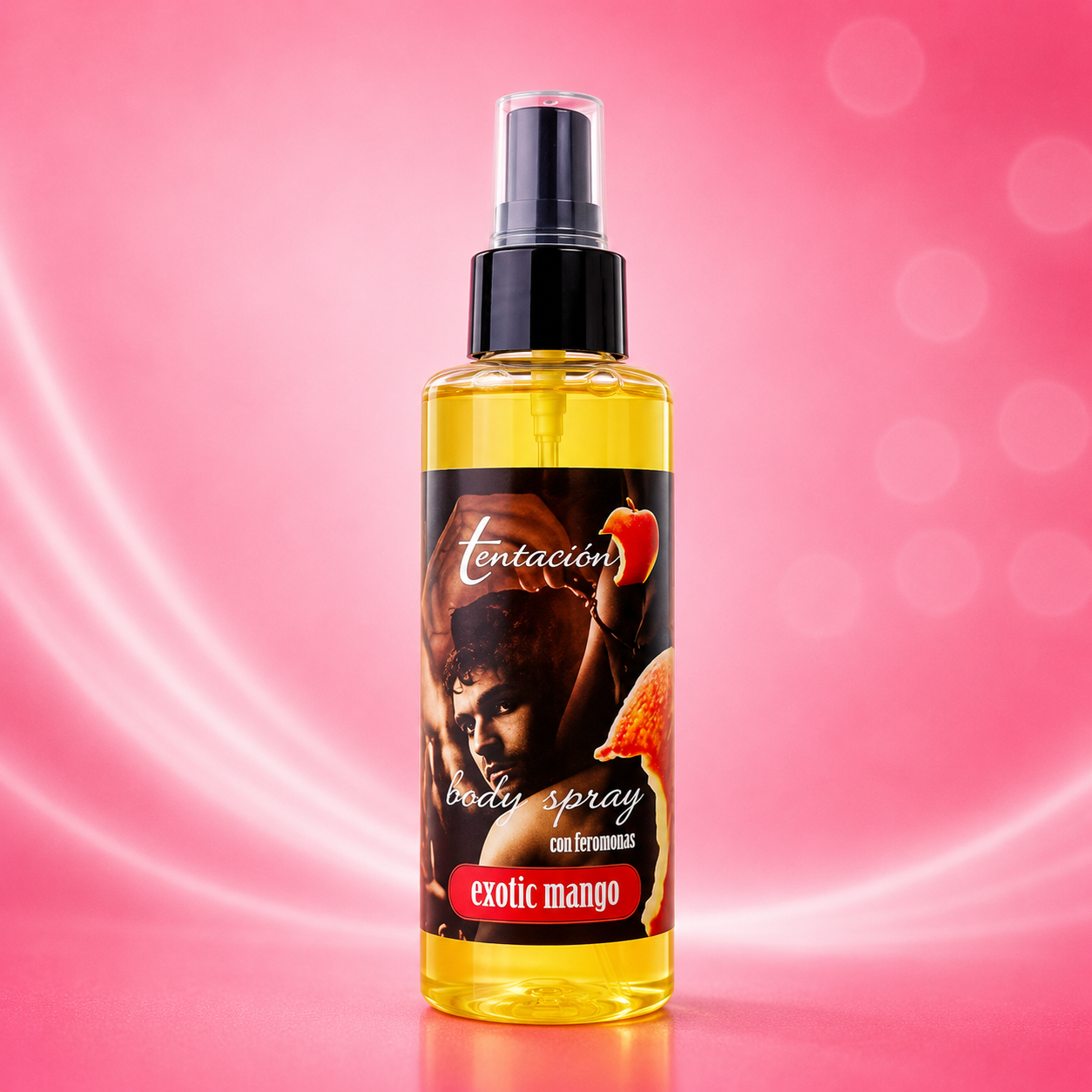 Körperspray in Sprühflasche mit schwarzem Pumpzerstäuber, gelbe Flüssigkeit, schwarzes Etikett mit Produktname Tentacion, Duft Exotic Mango