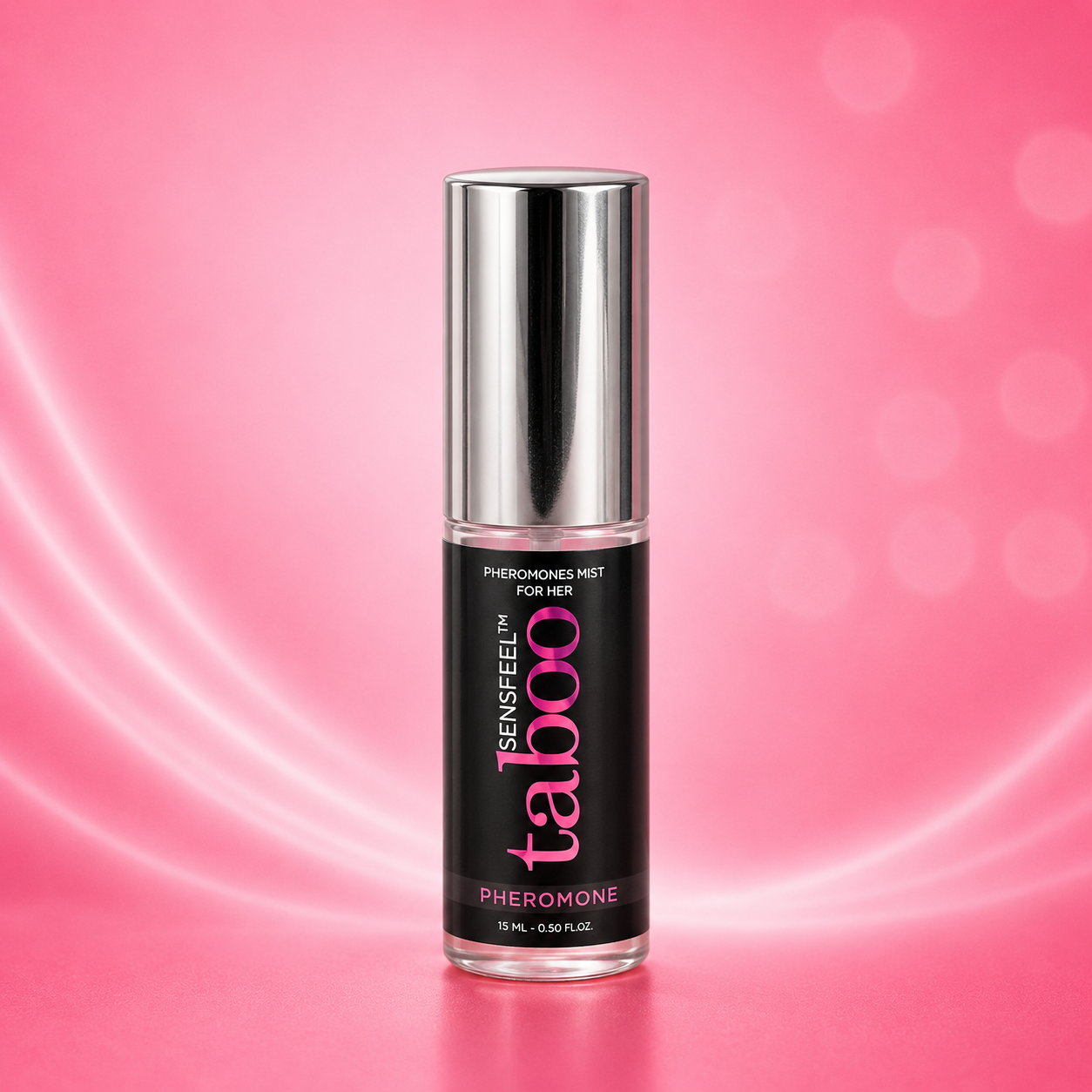 Pheromon-Spray Taboo for Her in schwarzer Flasche mit silbernem Sprühaufsatz, 15 ml Inhalt