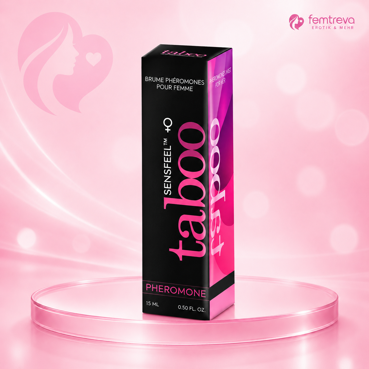 Taboo Pheromone Parfüm für Damen, 15 ml Flasche, schwarze Verpackung mit pinkem Schriftzug, Pheromon-Duft