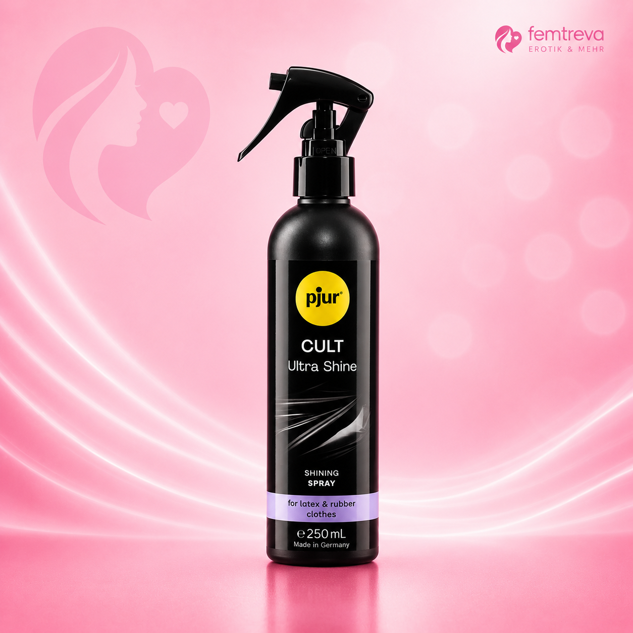 Sprühflasche pjur CULT Ultra Shine, schwarze Kunststoffflasche mit Sprühaufsatz, 250 ml, Pflegespray für Latex und Gummi