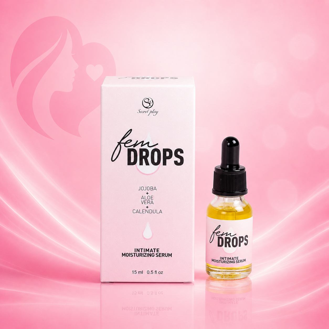 Intim-Feuchtigkeitiges Serum in 15-ml-Glasflasche mit Pipettenverschluss und Originalverpackung, Inhalt mit Jojoba-, Aloe-Vera- und Calendula-Extrakt