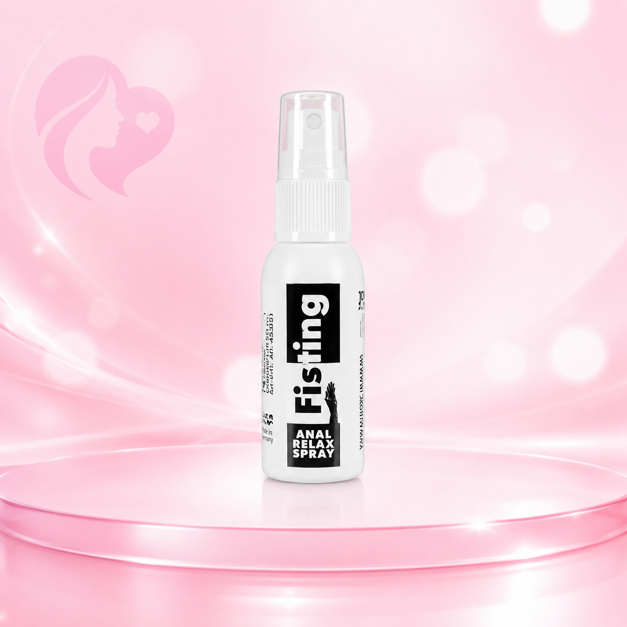 Analrelax-Spray in weißer 30-ml-Flasche mit Sprühaufsatz und schwarzem Etikett