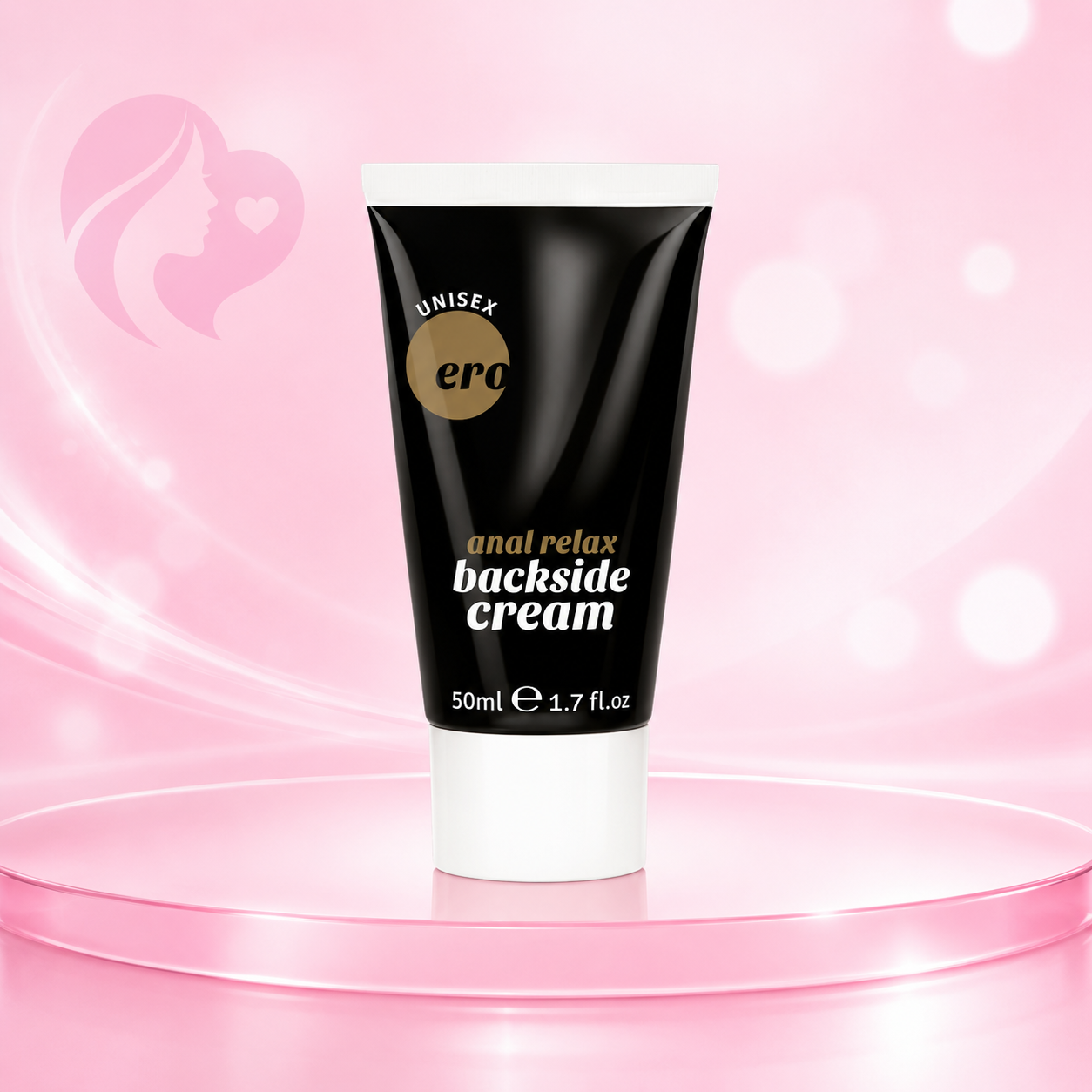 Tube mit Anal-Relaxationscreme, schwarz mit weißem Boden, Etikett mit goldenem Logo, 50ml Inhalt