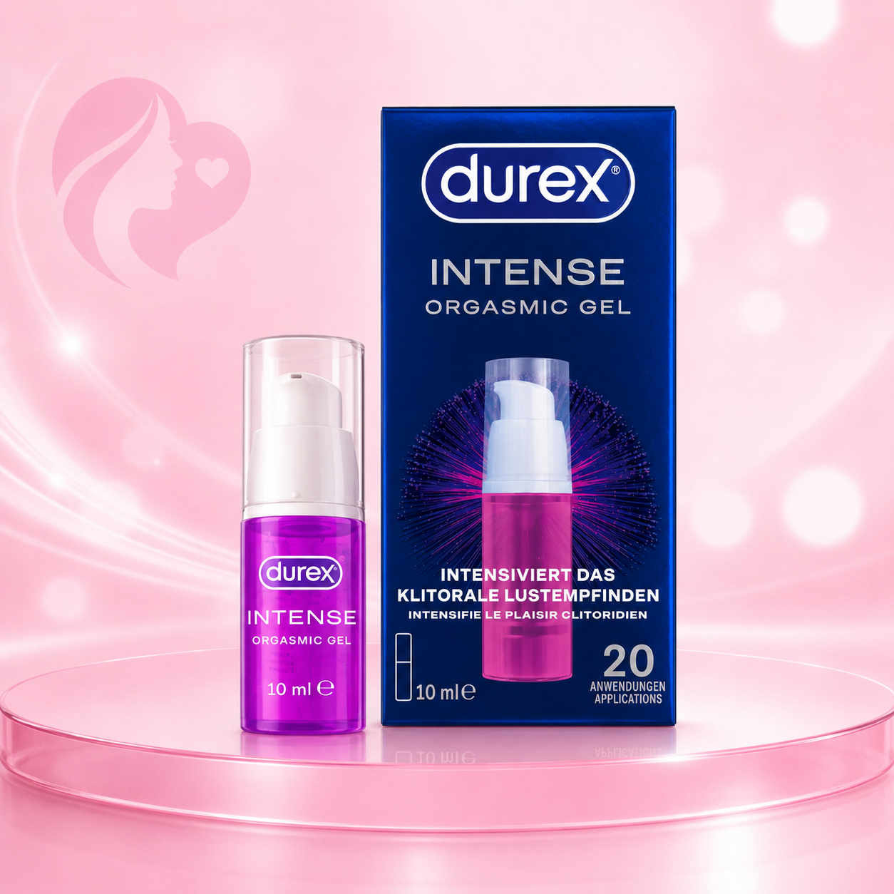 Durex Intense Orgasmic Gel, 10 ml Pumpflasche mit magentafarbenem Gel und dunkelblaue Verpackung mit Produktabbildung