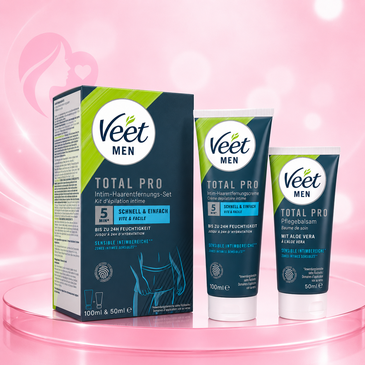 Veet Men Total Pro Intim-Haarentfernungs-Set mit Karton und zwei Tuben, dunkelblau und grün, bis zu 24h Feuchtigkeitswirkung
