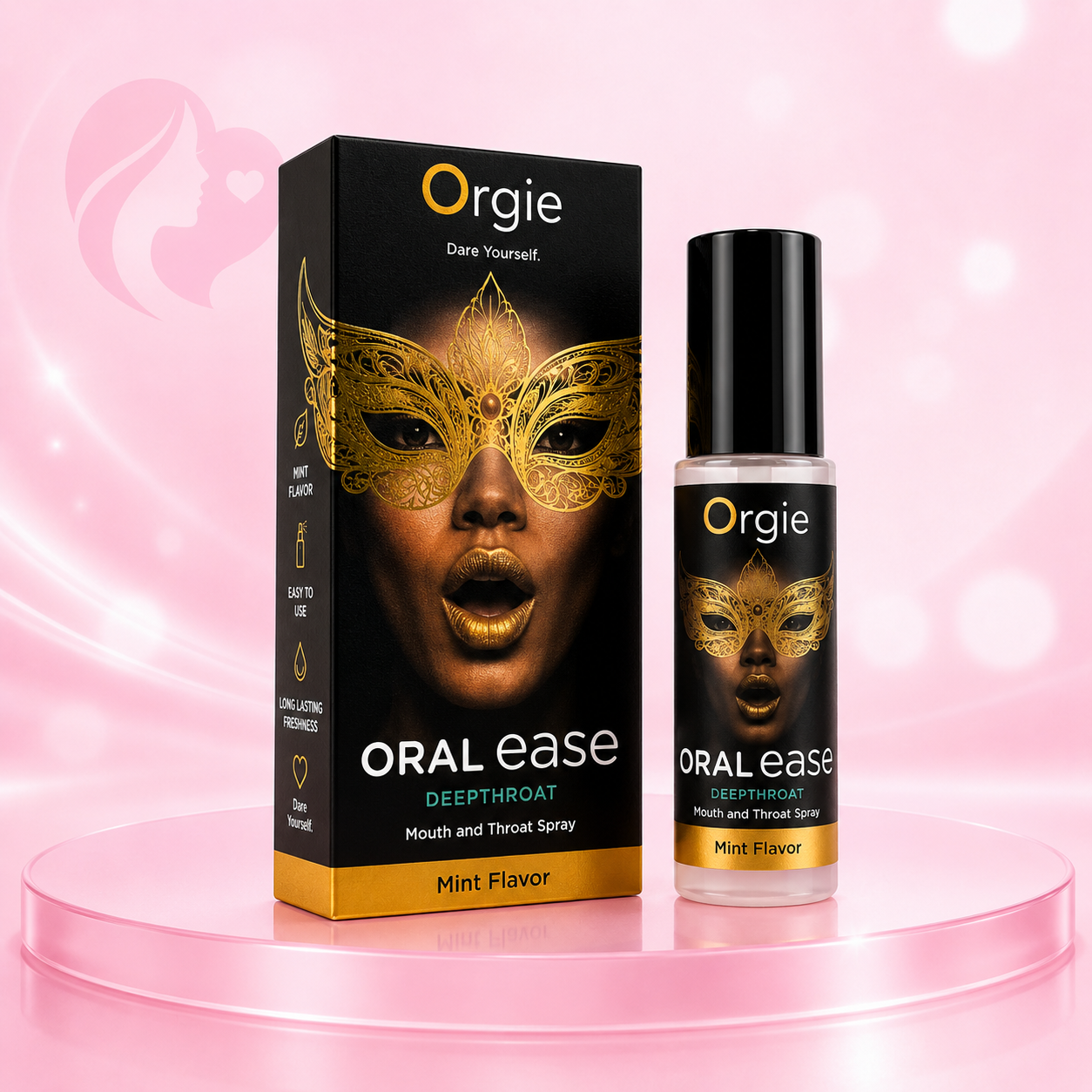 Orgie Oral Ease Deepthroat Spray, Mint Flavor, 15 ml, Spray in schwarz-goldenem Design mit Schachtelverpac­kung