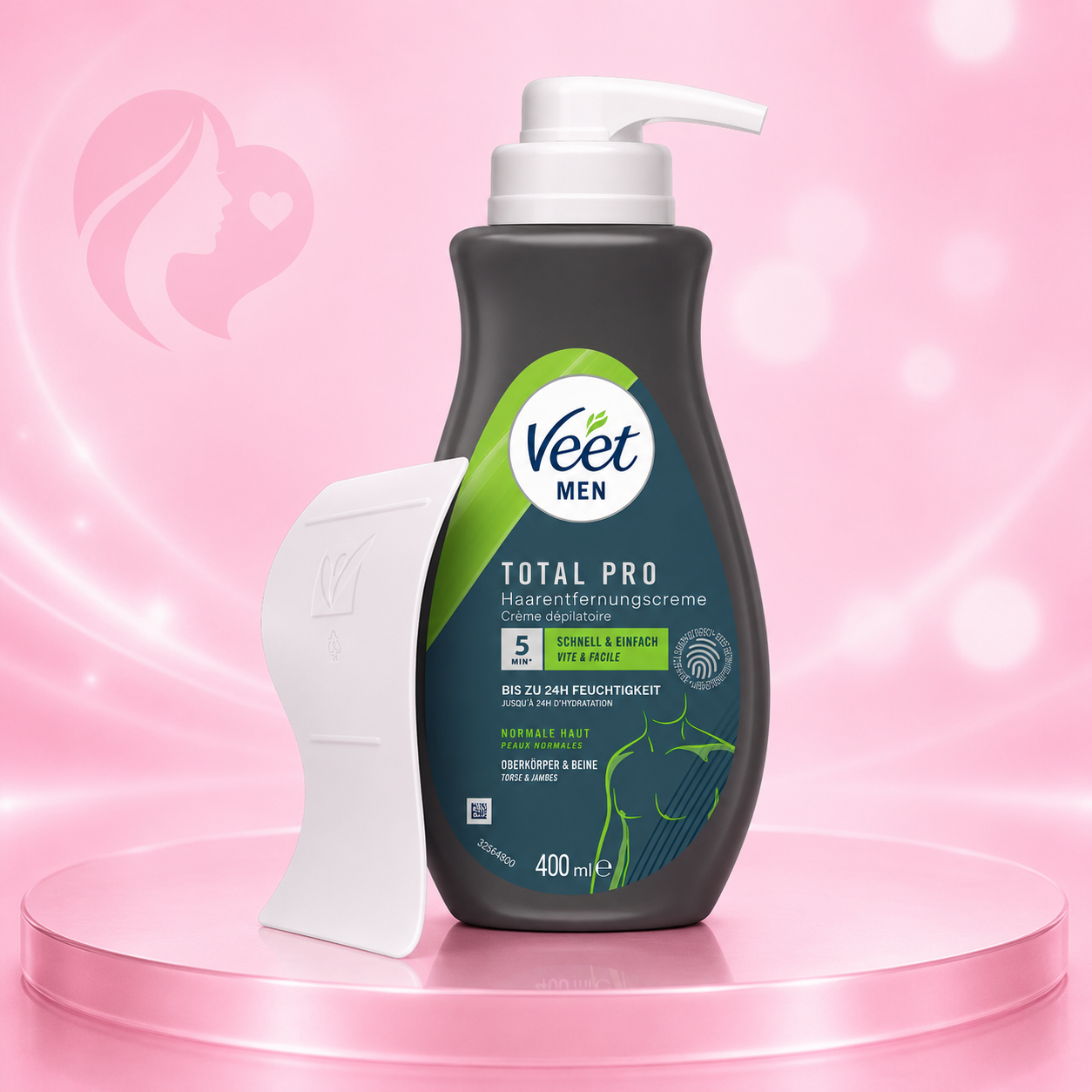 Veet Men Total Pro Haarentfernungscreme, 400 ml Flasche mit Pumpe und Applikator, dunkelgraue Flasche mit grünem und weißem Logo