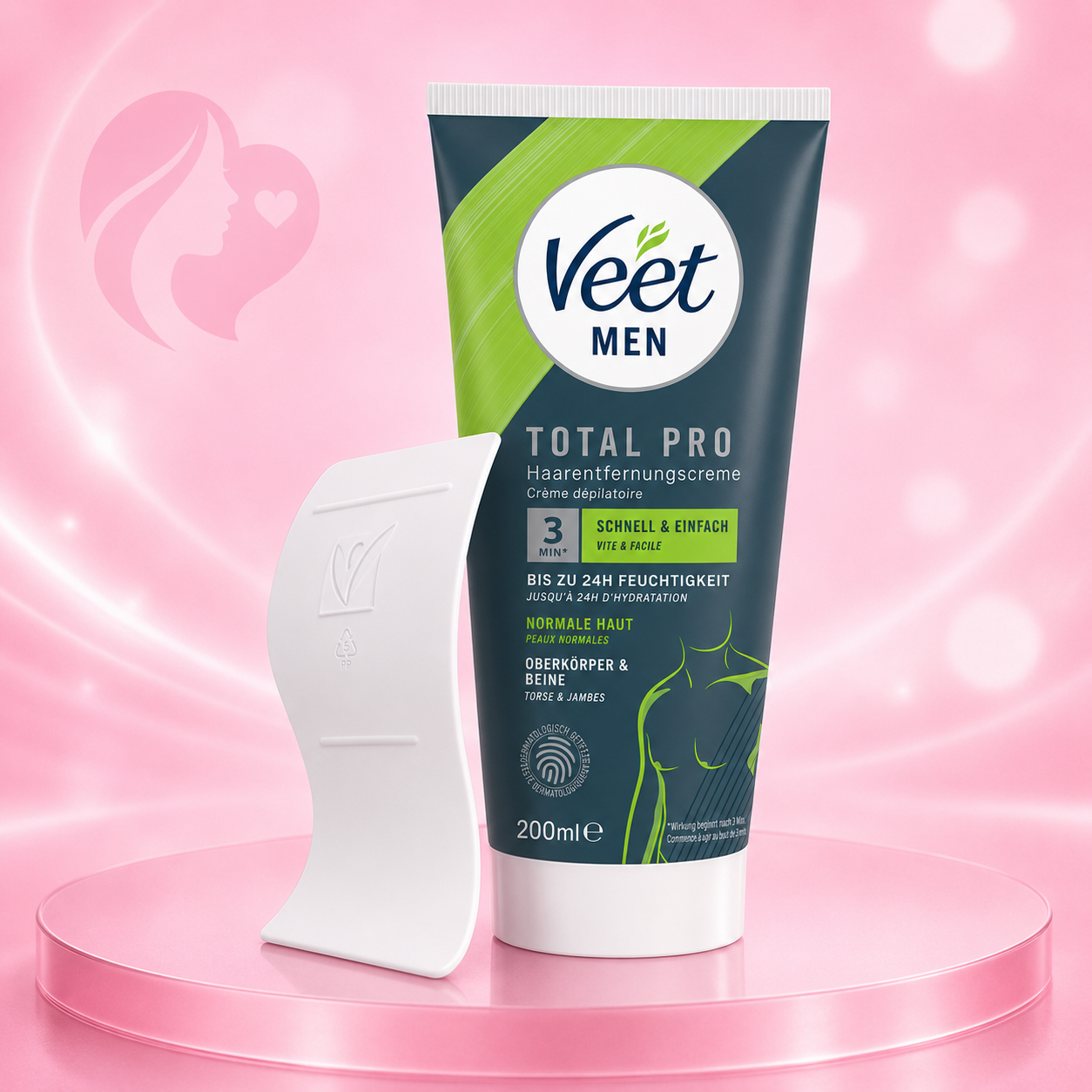 Haarentfernungscreme Veet Men Total Pro 200 ml, Tube mit dunkelgrauem und grünem Design, daneben Applikator in Weiß