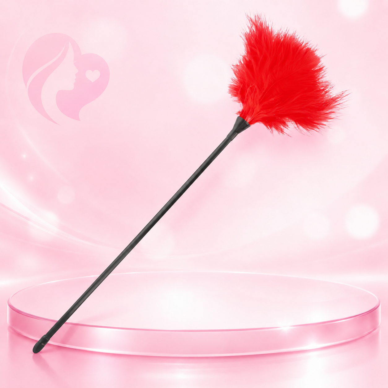 Stimulationsstab mit schwarzem Griff und roter flauschiger Federkopf, 42 cm Länge