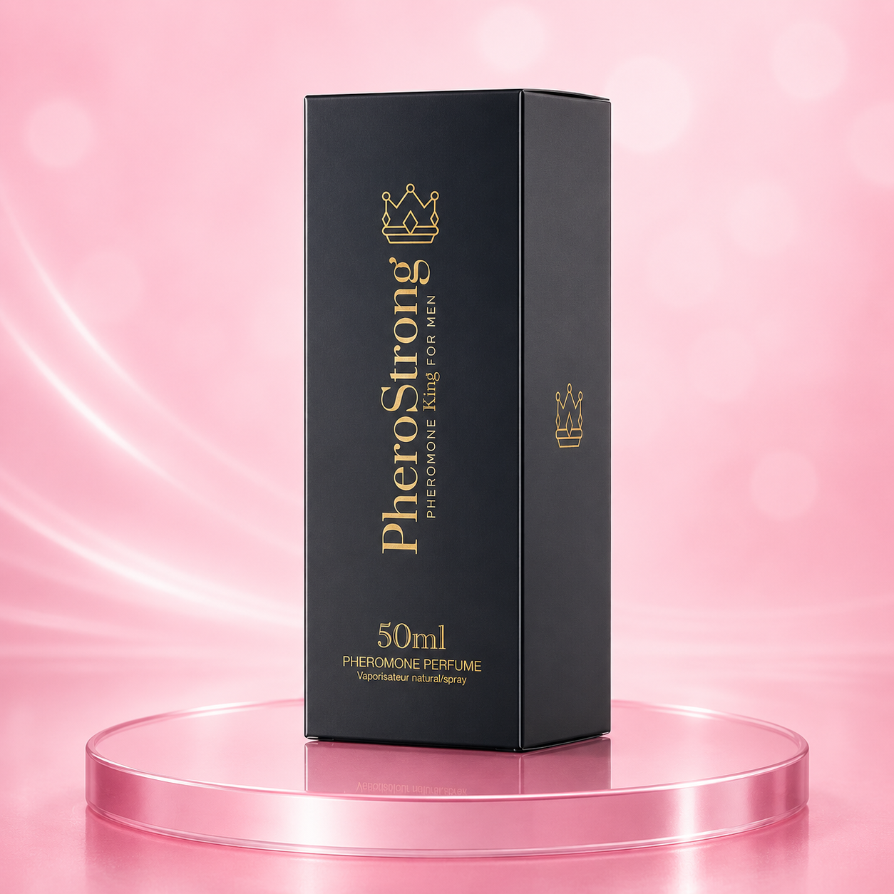 Pheromone Parfüm für Männer, 50 ml Flasche in schwarzer Schachtel mit goldener Krone und Schriftzug