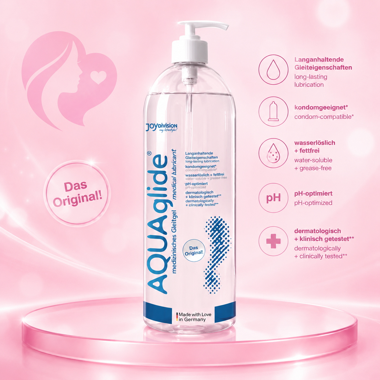 Gleitgel Aquaglide in 1000-ml-Pumpflasche, wasserlöslich und fettfrei, pH-optimiert, dermatologisch getestet