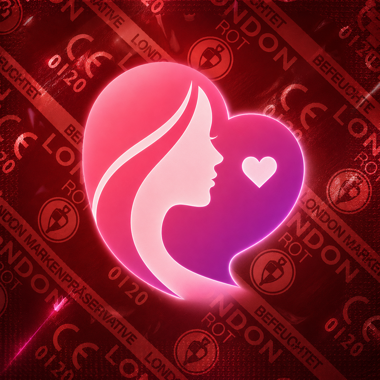 Neon-Leuchtreklame mit Frauenprofil und Herzmotiv in Rosa und Magenta, Werbegrafik für Kondome