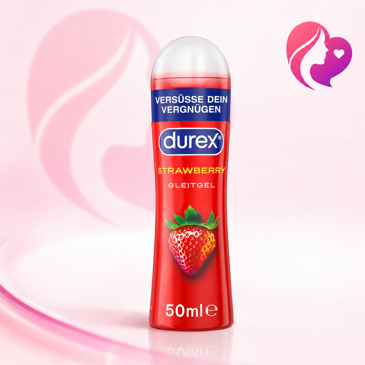 Durex Strawberry Gleitgel, 50 ml Flasche, rotes Etikett mit Erdbeere, klare Flüssigkeit sichtbar