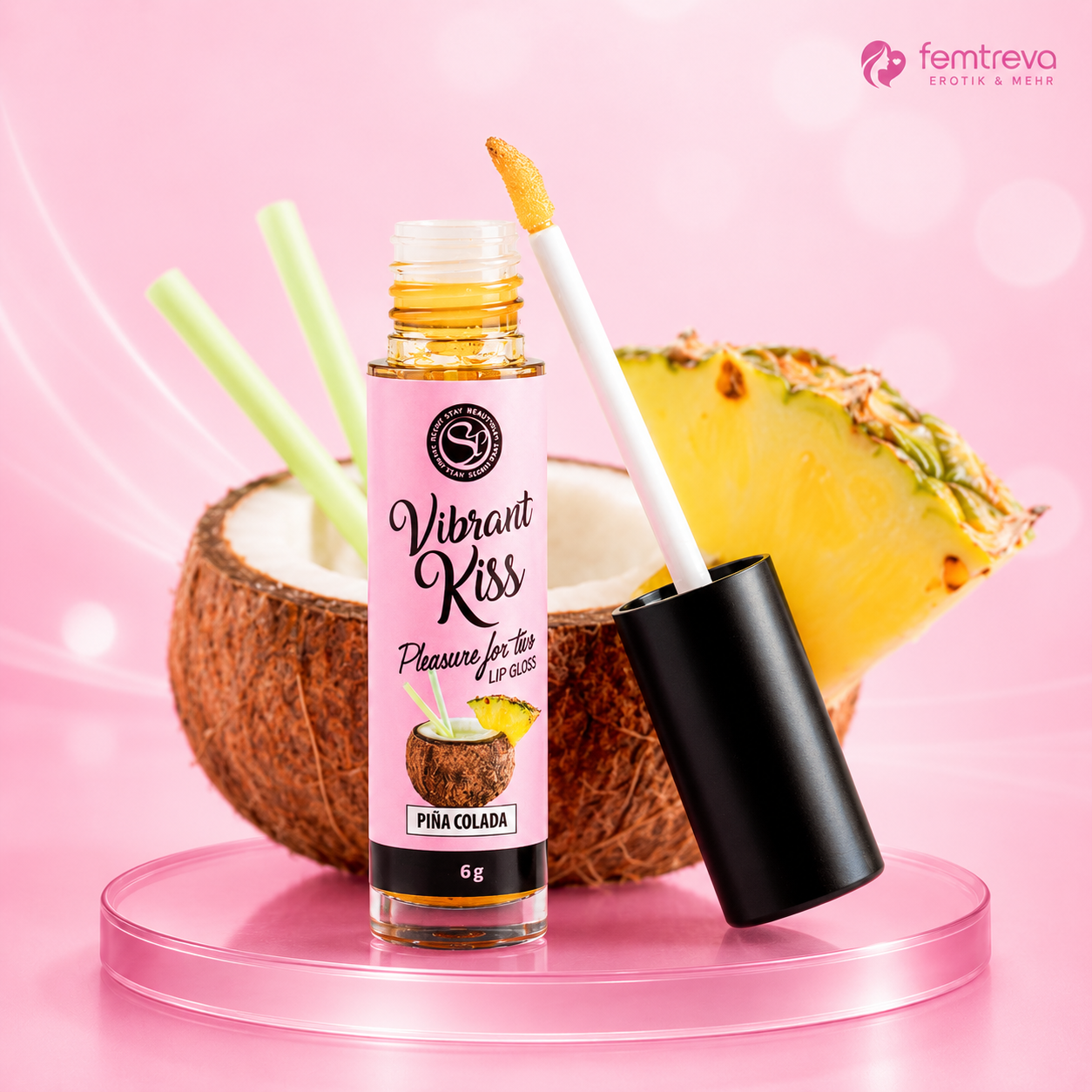 Vibrant Kiss Lipgloss Pina Colada, flüssiger Lippgloss mit Applikator in Flasche, 6g, mit Kokosnuss und Ananas