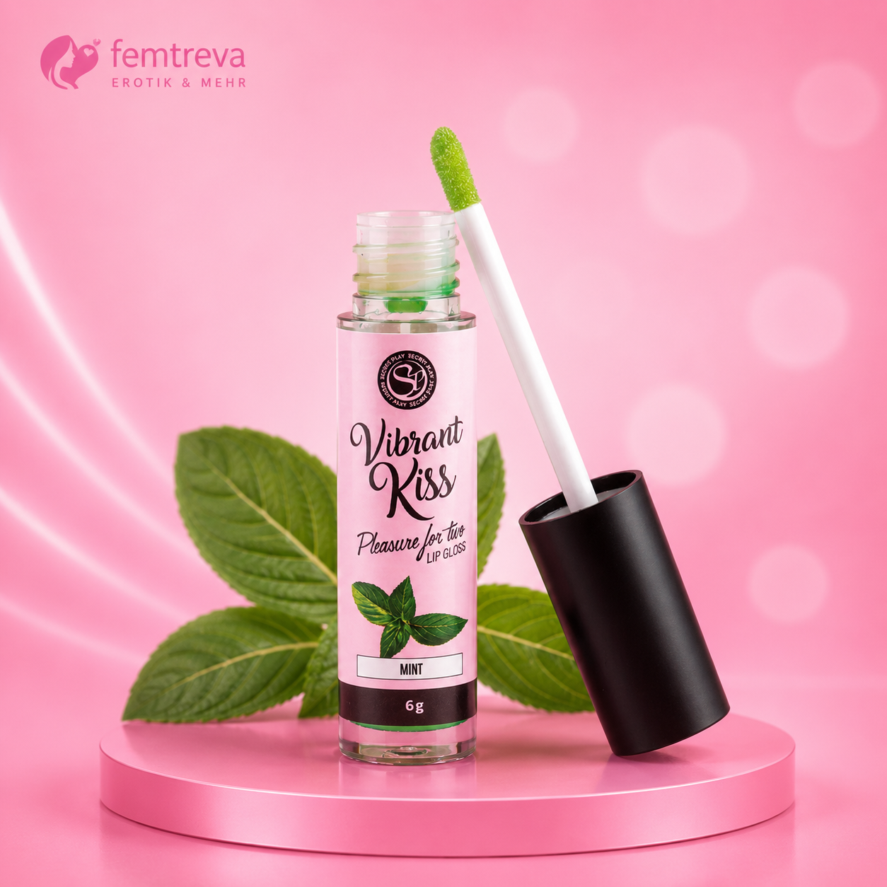 Lipgloss Vibrant Kiss in Minzgeschmack, klare Flüssigkeit, weiße und schwarze Flasche mit Applikator, 6g