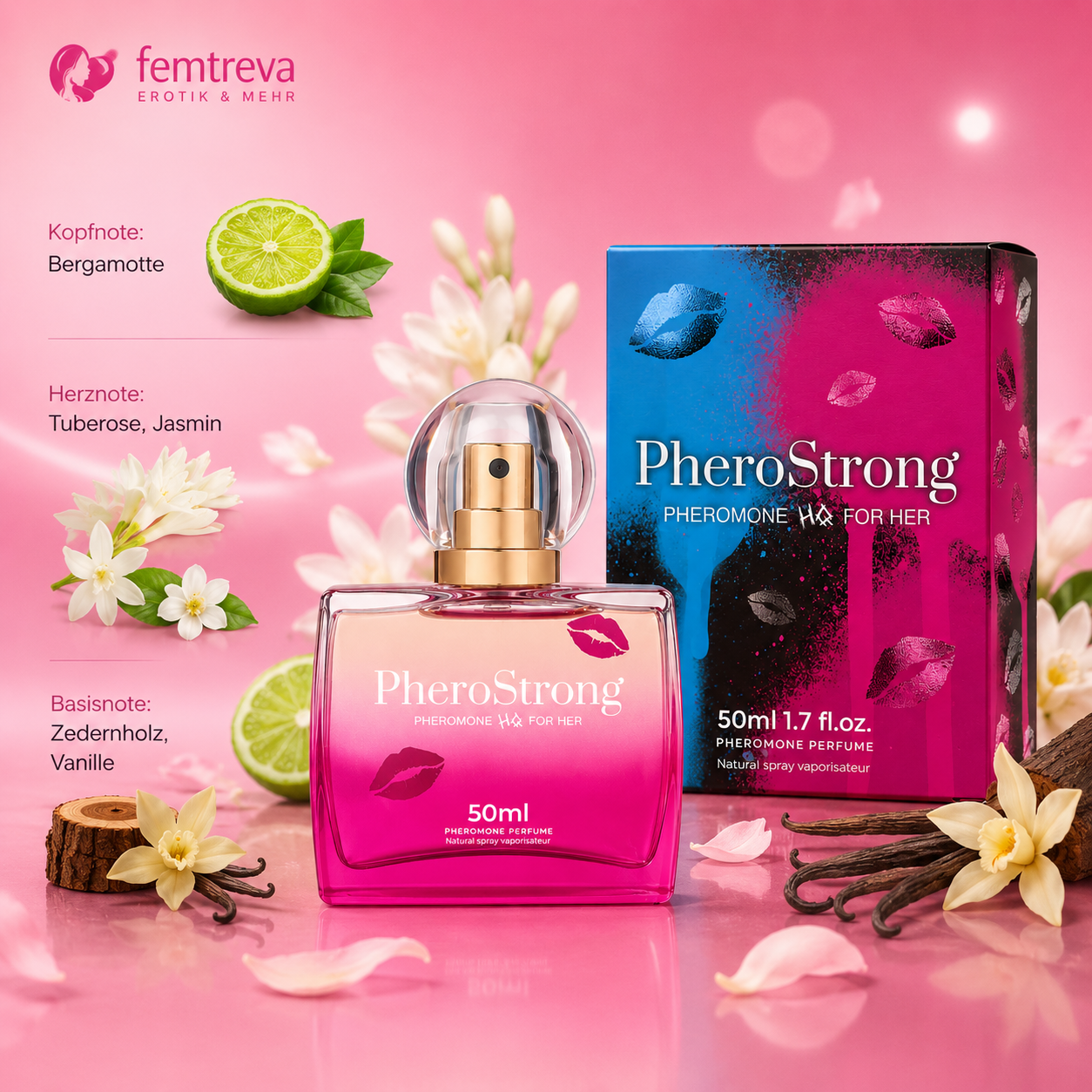 Pherostrong Pheromone Parfüm für Sie, 50ml Flasche mit goldenem Sprühkopf und rosa Flüssigkeit, Kartonverpackung mit blau-magentafarbenem Design