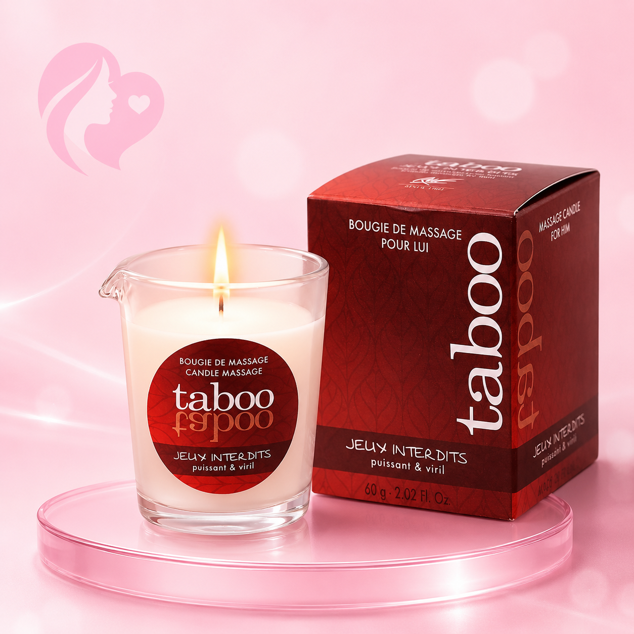 Massagekerze in Glascontainer mit brennender Flamme, Marke Taboo, rotes etikett, rote Kartonverpackung, Duft Jeux Interdits, 60g