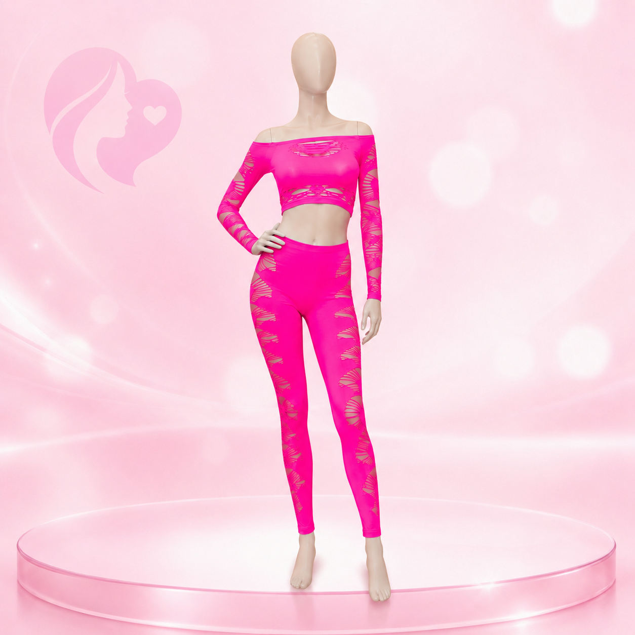 Crop Top und Leggings Set aus Netzstoff mit Rissen, zweiteilig, langärmlig, elastisch dehnbar