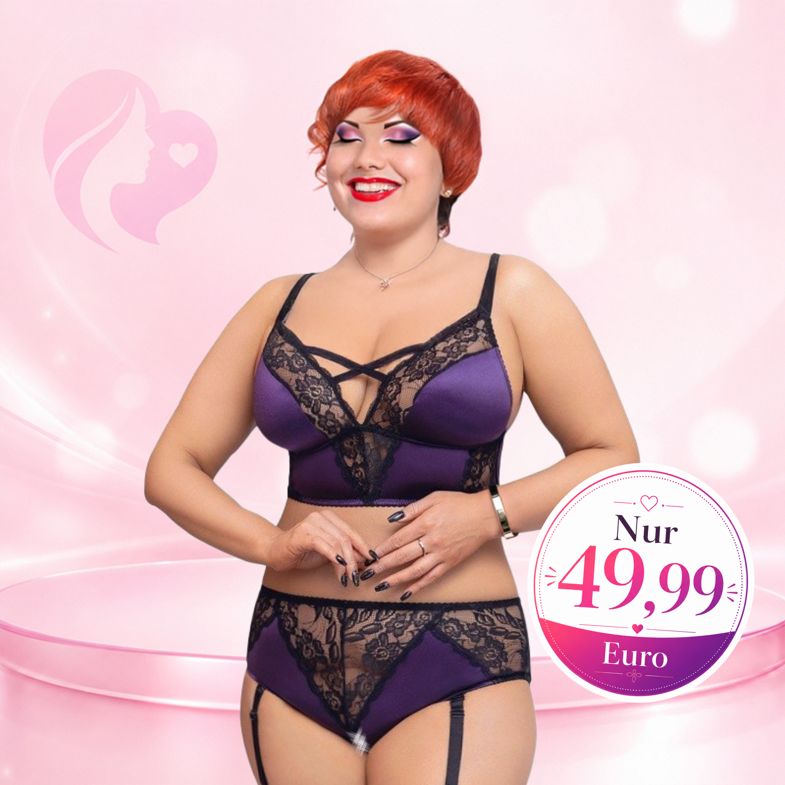BH-Set aus Baumwolle und Spitze in Lila und Schwarz, Unterbrustumfang circa 100 cm, mit verstellbaren Trägern