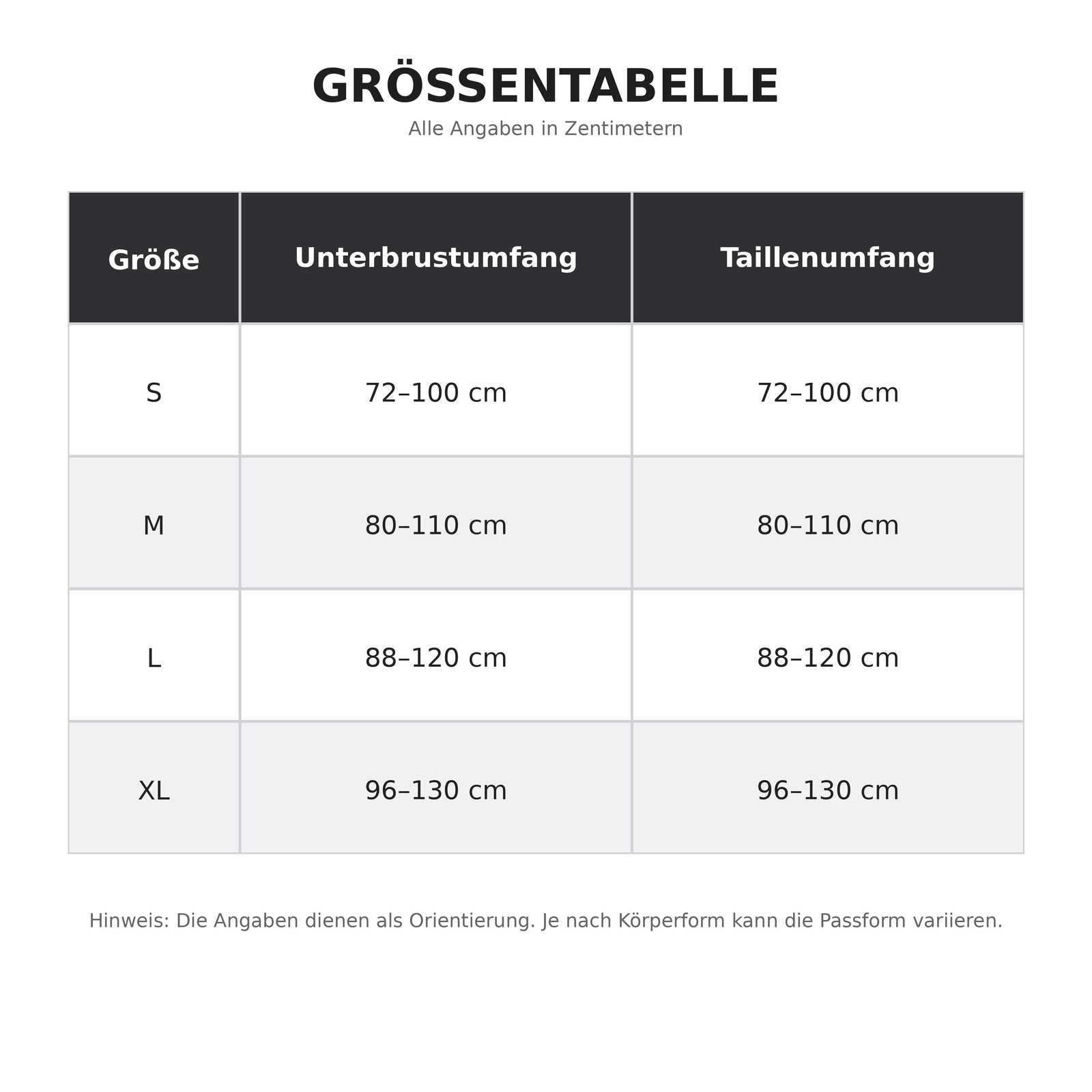 Größentabelle für Bodycon-Maxikleid mit Angaben zu Unterbrustumfang und Taillenumfang in den Größen S bis XL