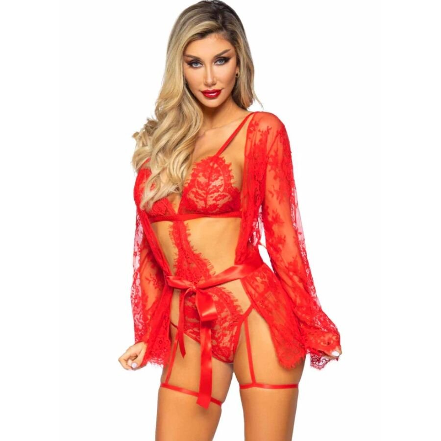 LEG AVENUE - 86123 TEDDY- UND STRUMPFBAND-BADEMANTEL-SET, ROT, GRÖSSE