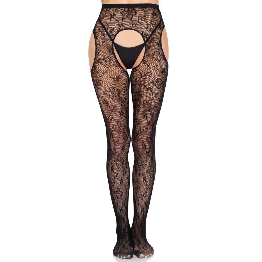 LEG AVENUE - 1967 BLOOM NETZ-STRUMPFHOSE MIT STRUMPFHALTERN, SCHWARZ - EINHEITSGRÖSSE