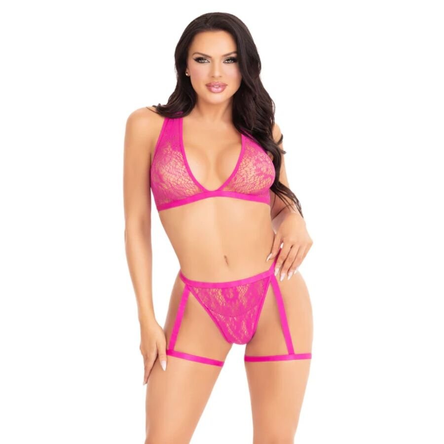 LEG AVENUE - 86148 SPITZEN-BH-TOP UND HÖSCHEN MIT STRUMPFHALTERN, ROSA - EINHEITSGRÖSSE