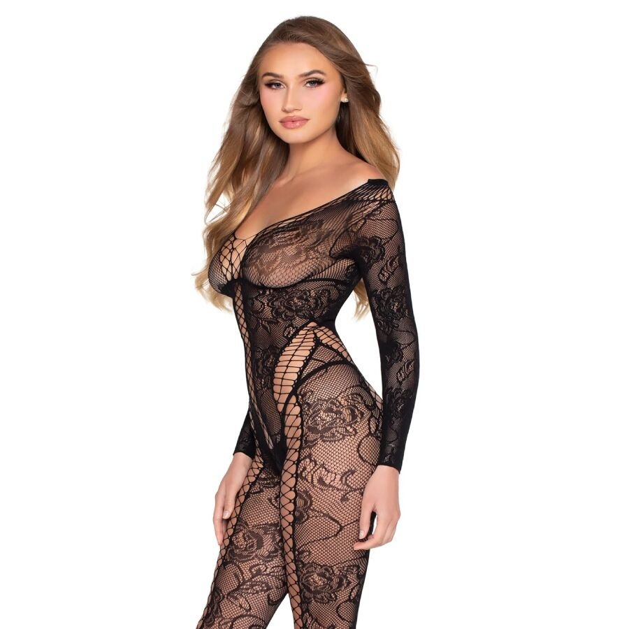 LEG AVENUE - 89369 NETZ- UND SPITZEN-JUMPSUIT, SCHWARZ - EINHEITSGRÖSSE