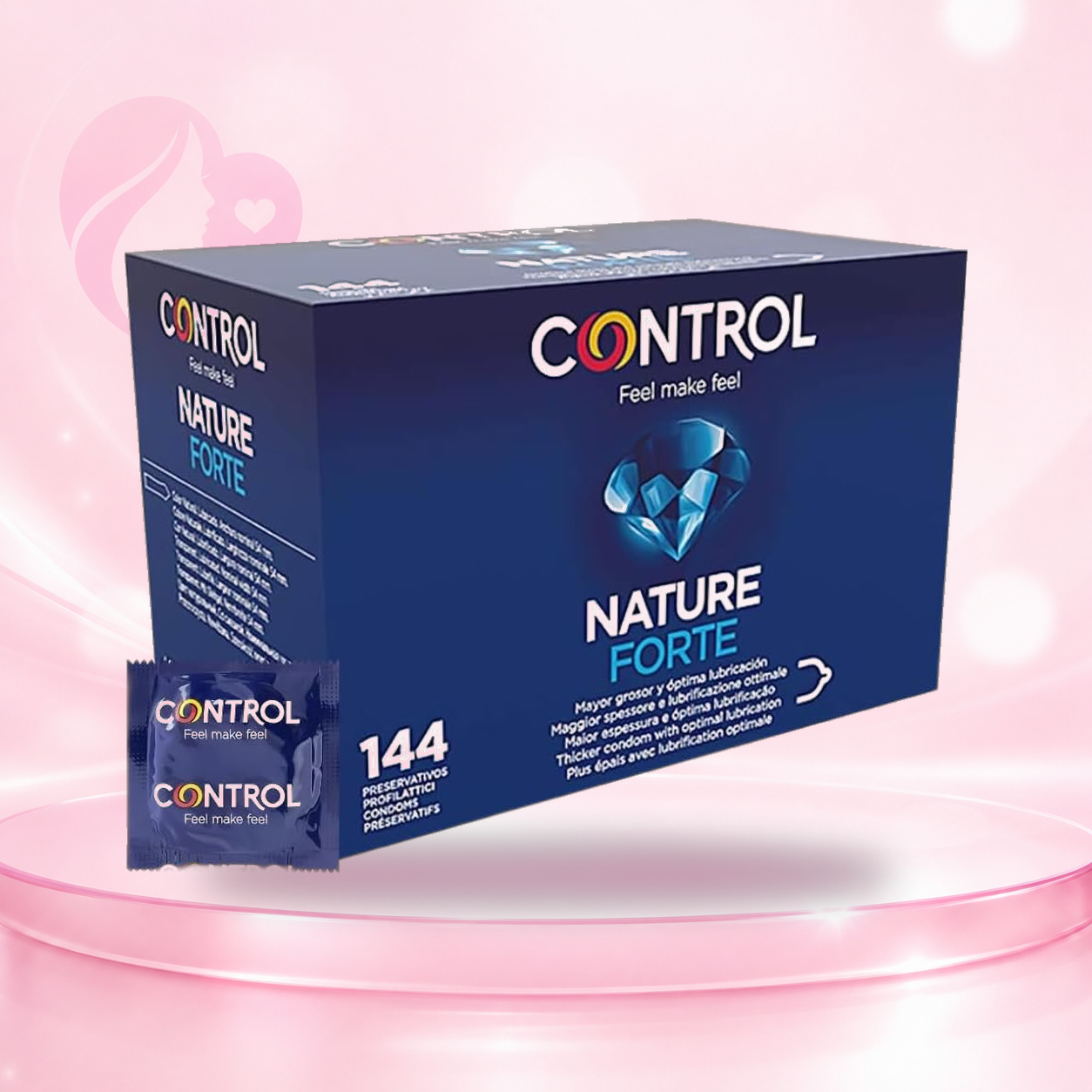 Packung Control Nature Forte Kondome aus Naturlatex, 144 Stück, in dunkelblauer Verpackung mit Produktabbildungen