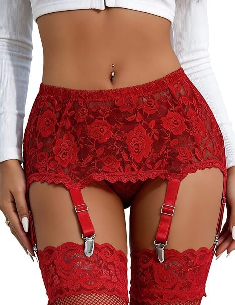 Strumpfhalter aus roter Spitze mit Rosendekor und verstellbaren Bändern mit Metallverschlüssen