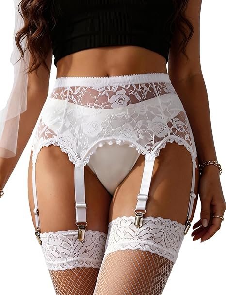 Strumpfhalter aus Spitze mit verstellbaren Trägern und Befestigungshaken, Weiß